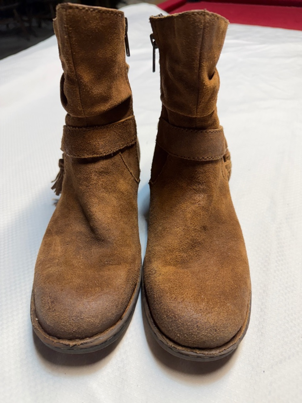 Born Tan Suede Ankle Booties with Side Zip and Tassel